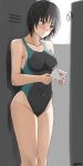  1girl amagami artist_name bangs bare_shoulders black_hair black_one-piece_swimsuit blue_one-piece_swimsuit blush breasts brown_eyes commentary competition_swimsuit embarrassed envelope feet_out_of_frame furrowed_brow groin heart highleg highleg_swimsuit highres kantai_collection locker locker_room looking_at_object looking_down love_letter medium_breasts mori_heichi nanasaki_ai nose_blush one-piece_swimsuit scribble short_hair signature solo standing sweatdrop swimsuit two-tone_swimsuit worried 