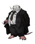  2023 anthro bottomwear clothing flying_pig0w0 hi_res male mammal murid murine necktie overweight overweight_male pants rat rodent shirt simple_background smoking solo suit topwear white_body 