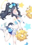  1girl animal_ears ataruman bangs bare_arms bare_shoulders black_hair blue_archive blue_eyes blush breasts cheerleader clothes_writing commentary crop_top dog_ears dog_girl dog_tail english_commentary extra_ears fang goggles goggles_on_head halo hibiki_(blue_archive) hibiki_(cheerleader)_(blue_archive) highres long_hair looking_at_viewer medium_breasts midriff one_eye_closed open_mouth paid_reward_available pom_pom_(cheerleading) ponytail shoes skin_fang skirt sleeveless sneakers solo standing standing_on_one_leg star_(symbol) tail white_footwear 