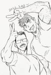  2022 2boys arm_hair bara billy_russell_(dickfish) blue_eyes blue_shirt casual couple dickfish_(fishismdick) dickfish_(fishismdick)dickfish_(fishismdick) facial_hair glasses greyscale grin hand_up highres john_rottweil_(dickfish) large_pectorals looking_at_viewer male_focus mature_male monochrome multiple_boys muscular muscular_male mustache new_year original pectorals scan shirt short_hair sideburns sketch smile thick_eyebrows traditional_media undercut v yaoi 