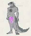  anthro censored censored_genitalia claws crocodile crocodilian crocodylid daylon_(dislyte) dislyte fangs male mask muscular nude red_eyes reptile scalie sealed_mouth solo spikes tail tattoo teeth thick_tail zinthings 