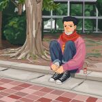  1boy 23011620x ace_attorney black_hair blue_pants bush day denim full_body highres hugging_own_legs jeans long_sleeves male_focus mask mouth_mask open_mouth outdoors pants pavement phoenix_wright scarf shoes short_hair sitting sneakers solo spiked_hair surgical_mask tree 