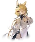  1girl animal_ears arknights bangs blonde_hair bracelet braid breasts chinese_commentary cleavage cleavage_cutout closed_eyes closed_mouth clothing_cutout commentary_request covered_navel dress ear_ornament fan_hair_ornament hair_between_eyes hand_on_own_cheek hand_on_own_face highres jewelry kroos_(arknights) kroos_the_keen_glint_(along_the_corridor)_(arknights) kroos_the_keen_glint_(arknights) long_bangs long_hair medium_breasts official_alternate_costume side_braid simple_background smile solo upper_body very_long_hair white_background white_dress woodylixx 