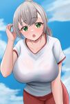  1girl 9696k :o absurdres arm_at_side bare_arms blue_sky breasts cloud cloudy_sky collarbone cowboy_shot day eyelashes from_below green_eyes grey_hair gym_uniform hair_between_eyes hand_up highres hololive large_breasts leaning_forward looking_at_viewer open_mouth outdoors pants ponytail red_pants see-through shirogane_noel shirt short_sleeves sky sportswear sweat t-shirt virtual_youtuber wet wet_clothes wet_shirt white_shirt 