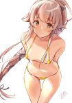  1girl alternate_costume bikini blush breasts brown_eyes cleavage cowboy_shot hair_flaps hazuki_futahi highres kantai_collection long_hair looking_at_viewer micro_bikini navel pink_hair ponytail signature simple_background solo swimsuit very_long_hair white_background yellow_bikini yura_(kancolle) 