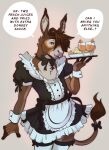  anthro asinus azeldraws beverage bow_ribbon brown_eyes clothed clothing crossdressing donkey english_text equid equine food fries glass hi_res holding_object legwear looking_at_viewer maid_uniform male mammal sauce signature simple_background solo speech_bubble stockings text tray uniform 