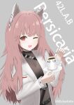  1girl ;d animal_ears black_sweater cat_ears character_name coat coffee_mug cup girls&#039;_frontline girls&#039;_frontline_neural_cloud highres holding holding_plate holding_spoon looking_at_viewer mug nxcharlotte one_eye_closed open_mouth persica_(girls&#039;_frontline) persicaria_(girls&#039;_frontline_nc) pink_hair plate ribbed_sweater smile spoon sweater twitter_username upper_body white_coat 