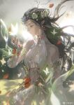  1girl bare_shoulders black_hair bug butterfly detached_sleeves dress falling_petals flower glowing_butterfly green_butterfly green_dress hand_up highres long_hair looking_down petals red_flower shuangbatian solo wind yin_ziping yong_jie_wujian 