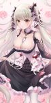  1girl absurdres azur_lane bare_shoulders between_breasts black_dress breasts cleavage clothing_cutout dress flower formidable_(azur_lane) frilled_dress frills gothic_lolita grey_hair highres large_breasts lolita_fashion long_hair long_sleeves necktie necktie_between_breasts pantyhose pink_background pink_flower pink_rose pk_trap red_eyes ribbon rose shoulder_cutout skirt_hold solo twintails two-tone_dress two-tone_ribbon very_long_hair white_dress white_pantyhose 