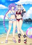  2girls absurdly_long_hair ball bare_shoulders beach beachball bikini black_heart blue_eyes bracelet braid breasts commission eyewear_on_head flower full_body grey_hair hair_between_eyes hand_on_another&#039;s_hip hand_on_hip hat highres jewelry lewdkuma long_hair long_legs looking_at_viewer medium_breasts multiple_girls navel necklace neptune_(series) outdoors power_symbol purple_eyes purple_heart signature sky sunglasses swimsuit symbol-shaped_pupils thigh_strap twin_braids very_long_hair water 