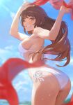  1girl ass bangs bare_shoulders bikini blue_sky blush breasts brown_eyes brown_hair grin highres kinta_(distortion) large_breasts long_hair looking_at_viewer looking_back one_eye_closed original sky smile solo swimsuit thighs wet white_bikini 