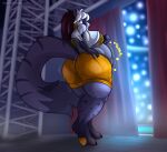  absurd_res after_vore anthro belly big_breasts big_butt bottomwear bra breasts butt butt_jiggle cassidy_civet civet clothing crop_top digestion_noises female female_pred foxynoms grey_body hair hand_on_butt hand_on_own_butt hi_res holding_microphone holding_object jiggling looking_back mammal microphone musician oral_vore shirt shorts shoulder_cutout smile solo stage topwear underwear viverrid vore walking_away weight_gain white_hair 