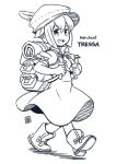  1girl :d backpack bag bangs black_eyes boots dress full_body looking_at_viewer mawaru_(mawaru) monochrome octopath_traveler open_mouth short_hair short_sleeves simple_background sketch smile solo tressa_colzione walking white_background white_dress white_footwear white_hair white_headwear 