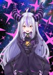  1girl ahoge ascot black_coat black_horns braid braided_bangs buttons coat collar demon_girl demon_horns double-breasted fangs grey_hair highres hololive horns la+_darknesss long_hair looking_at_viewer maho_(yakimorokoshi) multicolored_hair open_mouth parted_hair pointy_ears purple_hair purple_horns sleeves_past_fingers sleeves_past_wrists smile solo streaked_hair striped_horns tail v_arms very_long_hair virtual_youtuber yellow_ascot yellow_eyes 