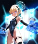  1girl ass_visible_through_thighs bangs bare_shoulders black_gloves blonde_hair blue_archive blue_eyes blurry bow bowtie breasts commentary_request covered_navel dongchuan earpiece elbow_gloves fingerless_gloves gloves hair_bun halo highleg highleg_leotard holographic_interface leotard looking_at_viewer maid_headdress short_hair skindentation small_breasts solo stage_lights thighhighs toki_(blue_archive) 