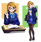  1girl black_pantyhose blue_bow blue_bowtie blue_jacket blue_skirt book bow bowtie breath brown_hair carrying_bag collared_shirt expressions glasses hair_between_eyes highres holding holding_pencil jacket koizumi_hanayo loafers long_sleeves looking_at_viewer love_live! nakano_maru open_clothes open_jacket open_mouth otonokizaka_school_uniform pantyhose parted_lips pencil plaid plaid_skirt pleated_skirt purple_eyes school_uniform shirt shoes short_hair skirt smile solo standing striped striped_bow striped_bowtie tail twitter_username white_shirt wing_collar 