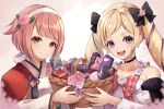  2girls :d bangs bare_shoulders basket black_bow blonde_hair bow detached_sleeves dress earrings elise_(fire_emblem) elise_(valentine)_(fire_emblem) fire_emblem fire_emblem_fates fire_emblem_heroes flower gift hair_bow hair_flower hair_ornament hairband highres holding holding_basket japanese_clothes jewelry kimono long_hair long_sleeves looking_at_viewer multicolored_hair multiple_girls official_alternate_costume pink_eyes pink_hair purple_eyes purple_hair reia_hana sakura_(fire_emblem) sakura_(valentine)_(fire_emblem) short_hair smile twintails twitter_username two-tone_hair very_long_hair white_dress white_hairband white_kimono wide_sleeves 
