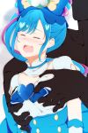  1boy 1girl blue_hair blush bow breast_grab breasts brooch closed_eyes corset cure_spicy delicious_party_precure dress fate_no_keshin fuwa_kokone grabbing grabbing_from_behind hair_bow heart_brooch highres huge_bow jewelry long_hair magical_girl medium_breasts open_mouth precure single_hair_ring upper_body very_long_hair white_dress 