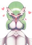  1girl bangs blush bob_cut breasts collarbone colored_skin commentary_request gardevoir green_hair green_skin hair_between_eyes hanayon hands_on_own_chest hands_up heart highres large_breasts leaning_forward multicolored_skin nose_blush partial_commentary pokemon pokemon_(creature) red_eyes saliva short_hair simple_background sitting solo straight-on thick_thighs thighs two-tone_skin uncommon_stimulation white_background white_skin wide_hips 