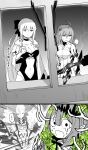  1other 3girls breasts cleavage crying crystal fairy_knight_tristan_(fate) fate/grand_order fate_(series) fujimaru_ritsuka_(female) fujimaru_ritsuka_(female)_(decisive_battle_chaldea_uniform) highres hirunagi midriff monochrome monster morgan_le_fay_(fate) multiple_girls navel ort_(fate) thumbs_up 