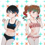  2girls arm_behind_back bangs bikini black_bikini black_hair blush brown_eyes brown_hair clenched_hand clenched_hands closed_mouth collarbone colored_inner_hair drill_hair expressionless flat_chest frilled_bikini frills green_eyes hair_streaks inagami long_hair long_sleeves looking_at_viewer multicolored_hair multiple_girls navel orange_eyes original pink_bikini ribs short_hair smile swimsuit tomboy twin_drills twintails very_short_hair w_arms white_background 