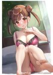  1girl ass blurry blush bokeh bra breasts brown_hair c_(theta) cleavage collarbone depth_of_field double_bun feet finger_to_mouth hair_bun highres idolmaster idolmaster_shiny_colors indoors knees_up lace-trimmed_bra lace_trim large_breasts on_bed panties pink_bra pink_panties sitting soles solo sonoda_chiyoko toes twintails underwear underwear_only 