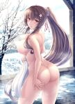  1girl ass breasts brown_eyes brown_hair censored completely_nude hand_on_own_ass holding holding_towel kantai_collection large_breasts long_hair looking_at_viewer looking_back nude onsen outdoors paid_reward_available ponytail ryu-akt solo towel very_long_hair yamato_(kancolle) 