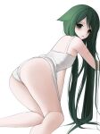  1girl absurdres ass dress flat_chest from_behind green_eyes green_hair highres iwaly404 long_hair looking_at_viewer open_mouth panties saya_(saya_no_uta) saya_no_uta underwear white_background white_dress white_panties 