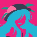  1girl blending blue_hair flat_color food fruit hat highres hinanawi_tenshi limited_palette maskin_mei no_lineart peach portrait purple_background silhouette simple_background smile solo touhou 