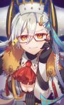  1girl ascot bangs black_gloves blush braid breasts cleavage closed_mouth commentary_request fate/grand_order fate_(series) fur_collar fur_trim glasses gloves grey_hair hair_between_eyes hair_ornament head_rest highres horns jewelry large_breasts long_hair looking_at_viewer ohitashi_netsurou olga_marie_animusphere red-framed_eyewear red_ascot ring single_braid single_horn smile solo u-olga_marie very_long_hair yellow_eyes yellow_horns 