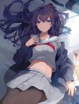  1girl absurdres asahina_mafuyu bag bed_sheet black_pantyhose blue_eyes blush closed_mouth commentary grey_shirt grey_skirt hand_on_own_chest highres jacket long_hair long_sleeves looking_at_viewer lying midriff navel on_back on_bed one_side_up open_clothes open_jacket pantyhose project_sekai purple_hair sailor_collar school_uniform serafuku shirt skirt solo tomura2maru white_sailor_collar 