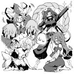  4girls alternate_costume apron bow breasts buttons capelet card detached_sleeves doting_parent dress embarrassed frills frog_hair_ornament greyscale hair_ornament happy hat highres holding holding_card kirisame_marisa kochiya_sanae long_hair long_sleeves mima_(touhou) monochrome morino_hon multiple_girls no_headwear open_mouth ouendan pants playing_card pom_pom_(cheerleading) rope shimenawa short_hair short_sleeves sitting skirt sparkle sweatdrop touhou touhou_(pc-98) waist_apron whistle wizard_hat yasaka_kanako 