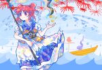  1girl black_sash blue_dress closed_mouth coin coin_on_string dress frilled_sleeves frills hair_bobbles hair_ornament holding holding_scythe itomugi-kun onozuka_komachi red_eyes red_hair sash scythe short_hair short_sleeves smile solo touhou two_side_up 