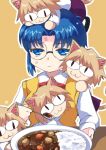  5girls :3 anger_vein animal_ears blonde_hair blue_eyes blue_hair breasts brown_eyes cat_ears cat_girl cat_tail chibi ciel_(tsukihime) commentary_request curry food holding holding_spoon large_breasts lo_lis multiple_girls neco-arc on_head plate rice signature slit_pupils spoon sweater_vest table tail tsukihime 