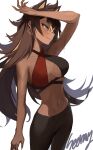  1girl absurdres arm_up bare_arms bare_shoulders black_pants blue_eyes breasts commentary cowboy_shot criss-cross_halter dark_skin dehya_(genshin_impact) earrings genshin_impact halterneck highres jewelry large_breasts leggings long_hair midriff navel pants pointy_hair seorang smile solo standing stomach thighs very_long_hair 