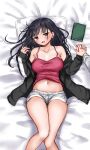  1girl 1other bed black_eyes black_hair black_jacket blush book breasts camisole cleavage highres holding_hands jacket long_hair midriff navel off_shoulder open_clothes open_jacket open_mouth original pillow pink_camisole short_shorts shorts smile solo_focus thigh_gap thighs white_shorts zeroasann 