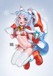  1girl animal_ear_fluff animal_ears bangs bell bikini blue_eyes blue_hair blunt_bangs breasts capelet christmas fish_tail fur_trim gawr_gura gift gradient_hair hat highres hololive hololive_english mittens multicolored_hair nanja navel santa_bikini santa_hat shark_girl shark_tail sharp_teeth side-tie_bikini_bottom small_breasts swimsuit tail teeth thighhighs virtual_youtuber white_background white_thighhighs 