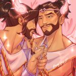  2boys arrow_(projectile) asian bara beard black_hair bow_(weapon) brown_hair clone cupid_hanzo dark-skinned_male dark_skin facial_hair forked_eyebrows glowing hanzo_(overwatch) highres holding holding_arrow male_focus multiple_boys nipples nuggies_(nug_gies) official_alternate_costume overwatch pointing_weapon revealing_clothes short_hair smug thick_eyebrows tiara underpec upper_body valentine weapon 
