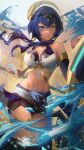  1girl absurdres black_hairband black_shorts blue_eyes blurry blurry_background breasts candace_(genshin_impact) cleavage commentary crop_top egyptian_clothes elbow_gloves english_commentary eye_of_horus floating_hair genshin_impact gloves gold_trim hair_ornament hairband heterochromia highres holding holding_polearm holding_shield holding_weapon long_hair looking_at_viewer medium_breasts navel parted_lips pelvic_curtain polearm shield short_shorts shorts solo stomach thighlet thighs twintails water weapon yellow_eyes yonesdraws 