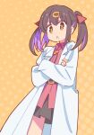 1girl bangs black_hair black_skirt bolo_tie brown_eyes commentary crossed_arms hair_ornament hairclip long_hair looking_at_viewer multicolored_hair onii-chan_wa_oshimai! open_labcoat open_mouth oyama_mihari pepo_(pepopepo) pleated_skirt purple_hair red_shirt shirt simple_background skirt solo streaked_hair twintails two-tone_hair wing_collar yellow_background 