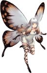  1girl airy_(bravely_default) black_footwear black_gloves black_thighhighs bravely_default:_brilliant_lights bravely_default:_flying_fairy bravely_default_(series) brown_eyes butterfly_wings dress fairy fairy_wings gloves grey_hair highres long_hair official_art outstretched_arms pointy_ears short_dress solo strapless strapless_dress thighhighs thighs transparent_background white_dress wings yoshida_akihiko 
