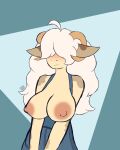  absurd_res anthro areola big_breasts blush blush_lines bovid bovine breasts cattle clothed clothing covered_eyes female hair hair_over_eye hi_res horn mammal max_draws nipples one_eye_obstructed overalls_only patreon smile solo spots spotted_body standing topless white_hair 