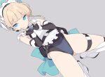  1girl apron black_leotard blade_(galaxist) blonde_hair blue_archive blue_bow blue_bowtie blue_eyes blue_leotard blue_ribbon boots bow bowtie braid bun_cover chest_harness double_v dutch_angle earpiece elbow_gloves expressionless fingerless_gloves frilled_apron frills full_body gloves grey_background hair_ribbon halo harness high_heel_boots high_heels highleg highleg_leotard knee_boots kneeling leotard maid_headdress multicolored_hair ribbon sleeveless_turtleneck_leotard streaked_hair thigh_strap toki_(blue_archive) two-tone_leotard v waist_bow white_apron 