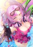  1girl blurry breasts cleavage depth_of_field drill_hair eyewear_on_head frilled_one-piece_swimsuit frills from_above gloves hyakumantenbara_salome lace lace_gloves long_hair mizurapi nijisanji official_alternate_costume one-piece_swimsuit one_eye_closed open_mouth pink_one-piece_swimsuit plant purple_eyes purple_hair smile solo sunglasses swimsuit virtual_youtuber water 