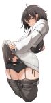  1girl :p backpack bag bangs belt black_pants blunt_bangs brown_hair clothes_lift detached_pants garter_belt genek highres looking_at_viewer open_pants original pants red_eyes shirt_lift short_hair short_shorts shorts solo sweater thighhighs thighs tongue tongue_out white_sweater zettai_ryouiki 