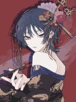  1boy bare_shoulders bishounen crossdressing flower genshin_impact hair_flower hair_ornament highres holding holding_smoking_pipe japanese_clothes looking_at_viewer looking_back male_focus purple_hair red_nails scaramouche_(genshin_impact) short_hair sin65644 smoking_pipe solo 