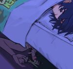  1boy 1girl ben_10 black_hair blush chainsaw_man closed_eyes copyright_name earrings eyepatch green_eyes hayakawa_aki highres himeno_(chainsaw_man) holding holding_scissors jewelry liowig looking_at_viewer meme scissors short_hair sleeping smile smoking stud_earrings under_bed under_covers 