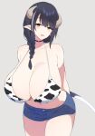  1girl :d animal_print arms_behind_back bangs bare_shoulders bikini bikini_top_only black_choker black_hair blue_shorts blush braid breasts choker cleavage collarbone cow_girl cow_horns cow_print cowboy_shot grey_background hair_over_shoulder highres horns huge_breasts leaning_forward long_hair looking_at_viewer multicolored_hair open_mouth original short_shorts shorts simple_background single_braid smile solo streaked_hair swimsuit two-tone_hair white_hair yellow_eyes yukage 