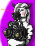  2007 anthro biped blue_eyes blush bodily_fluids breast_milking breasts corsair_(artist) equid equine hair hands_behind_back lactating machine mammal milking_machine muzzle_(object) muzzled nipples nude simple_background solo white_hair zebra 
