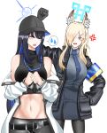  2girls anger_vein animal_ear_fluff animal_ears arm_up armband bare_shoulders baseball_cap belt black_belt black_gloves black_hair black_headwear black_pants black_shirt blonde_hair blue_archive blue_eyes blue_necktie breasts clenched_hand commentary_request crop_top cuffs d: gloves grey_shirt grey_skirt hair_over_one_eye handcuffs hat highres jacket kanna_(blue_archive) large_breasts long_hair long_sleeves looking_at_another midriff multiple_girls my_man navel necktie off_shoulder open_clothes open_jacket open_mouth pants saori_(blue_archive) sharp_teeth shirt simple_background skirt skirt_set sleeveless sleeveless_shirt stomach teeth v-shaped_eyebrows white_background white_jacket 
